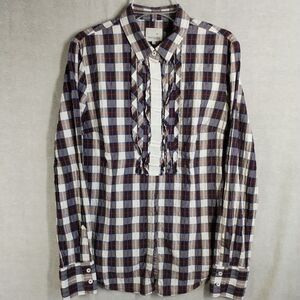 Henry Cottons Women's 42 Medium Shirt Ruffle Front Cotton Stretch Gray Plaid